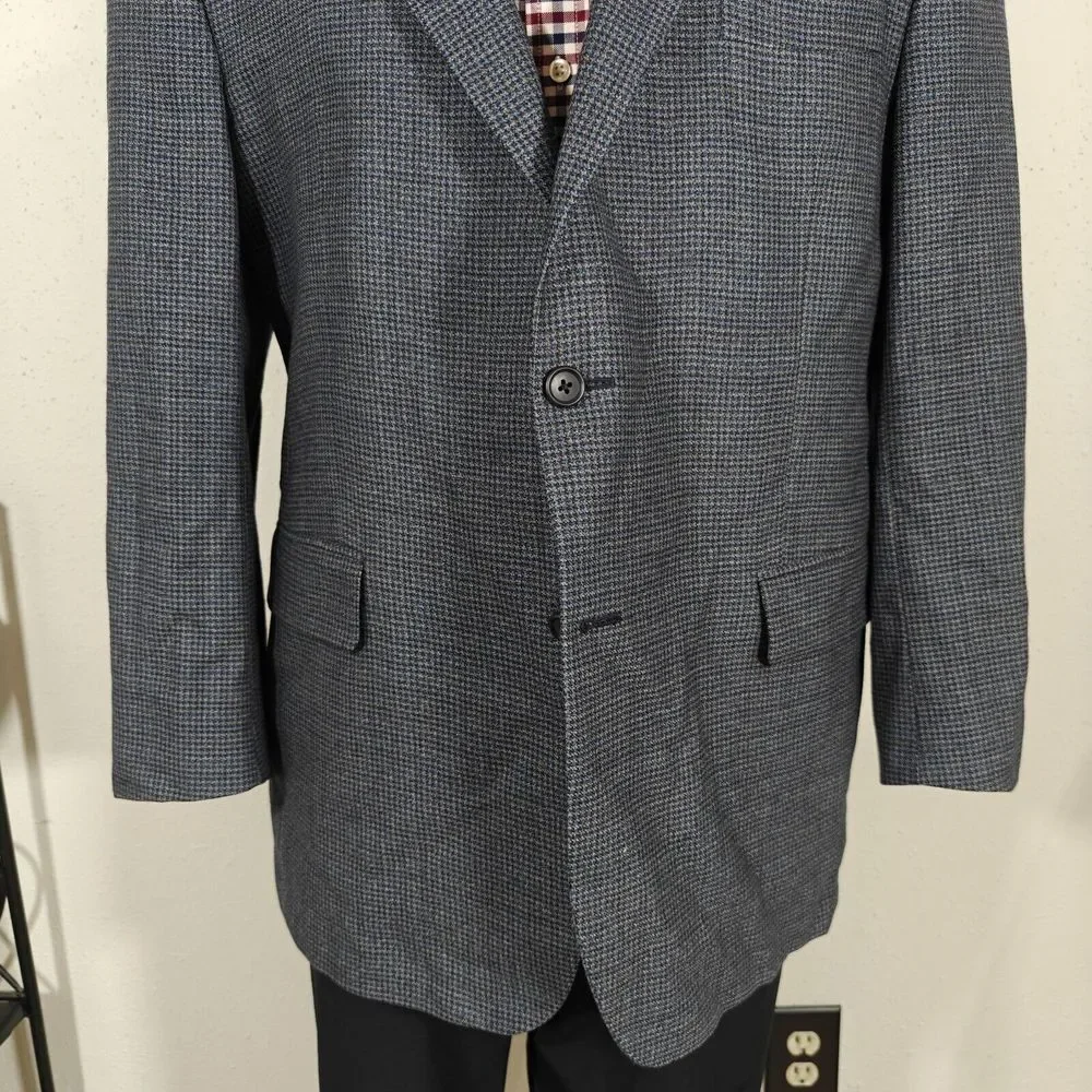 JOS A BANK Men's Flannel Sport Coat Blazer Two‎ Button Navy Houndstooth Wool 46R